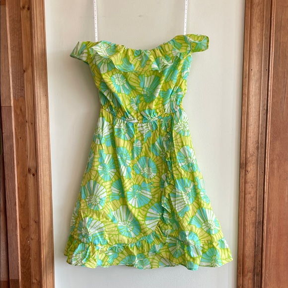 LILLY PULITZER Flor Pink Label Strapless Ruffle Mini Dress Green Yellow VTG - Picture 4 of 17
